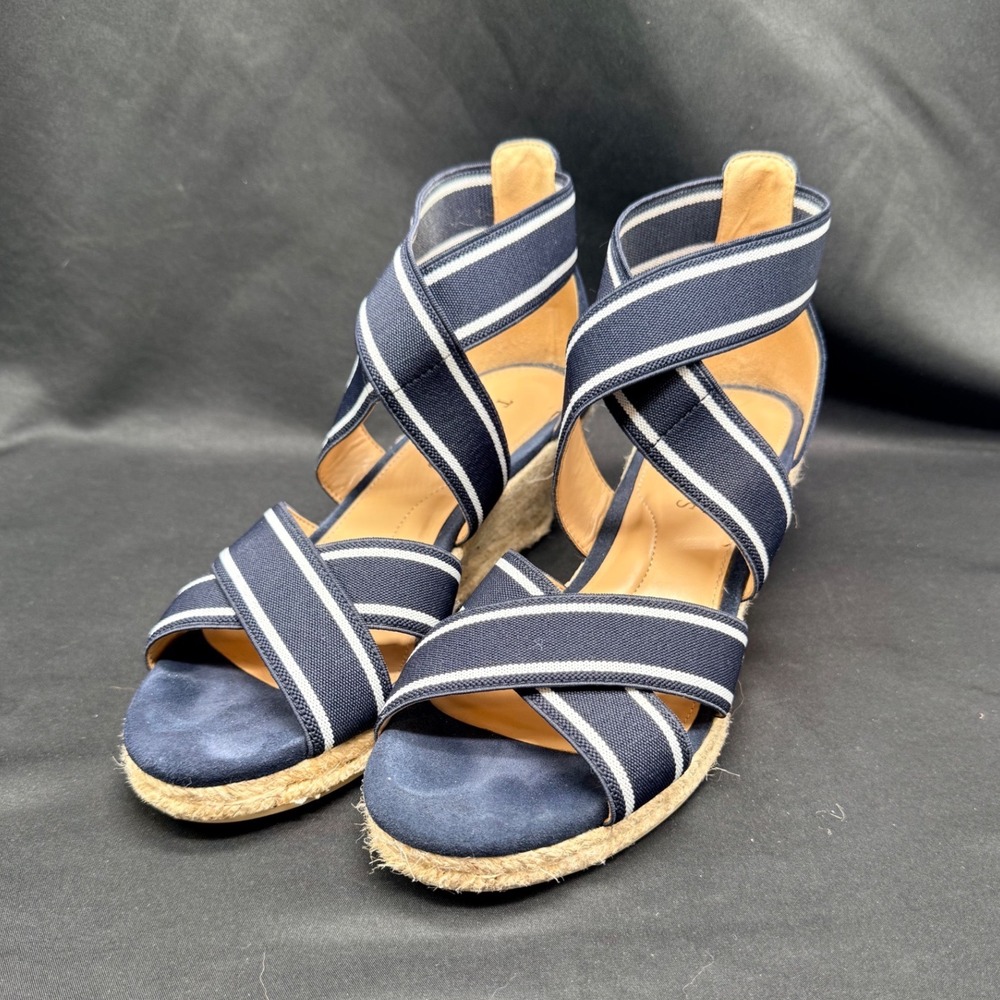 Talbots Navy White Striped Elastic Espadrille Wedge Sandals Womens 7 - Picture 1 of 6